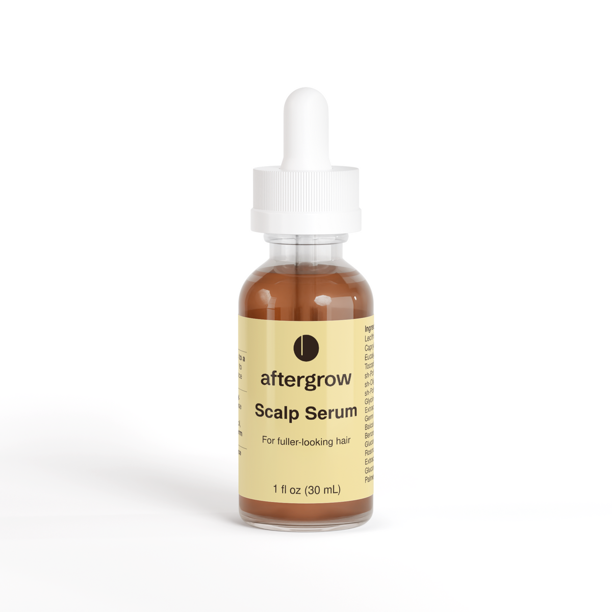Aftergrow Scalp Serum in an amber dropper bottle with a Butter label.