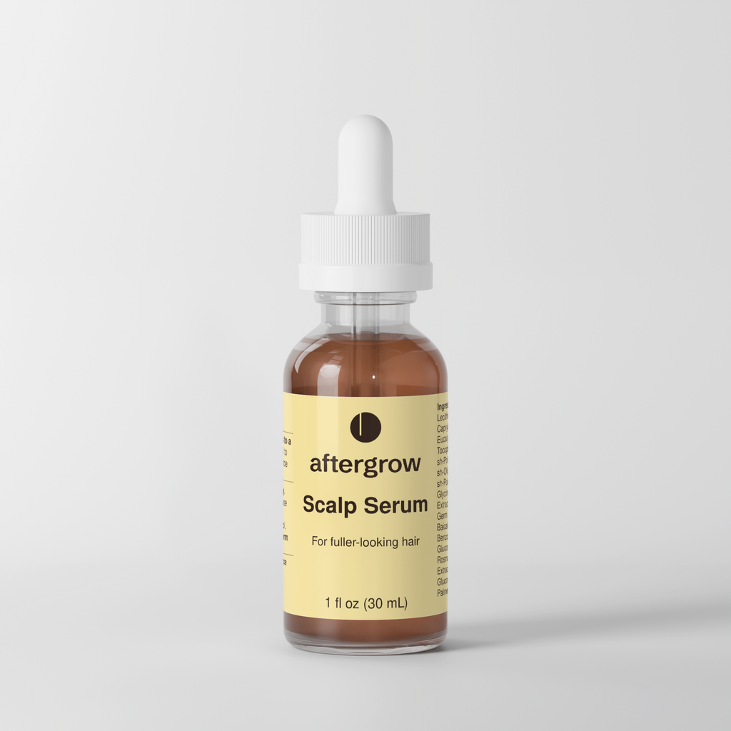 Aftergrow Scalp Serum bottle and label, second view.